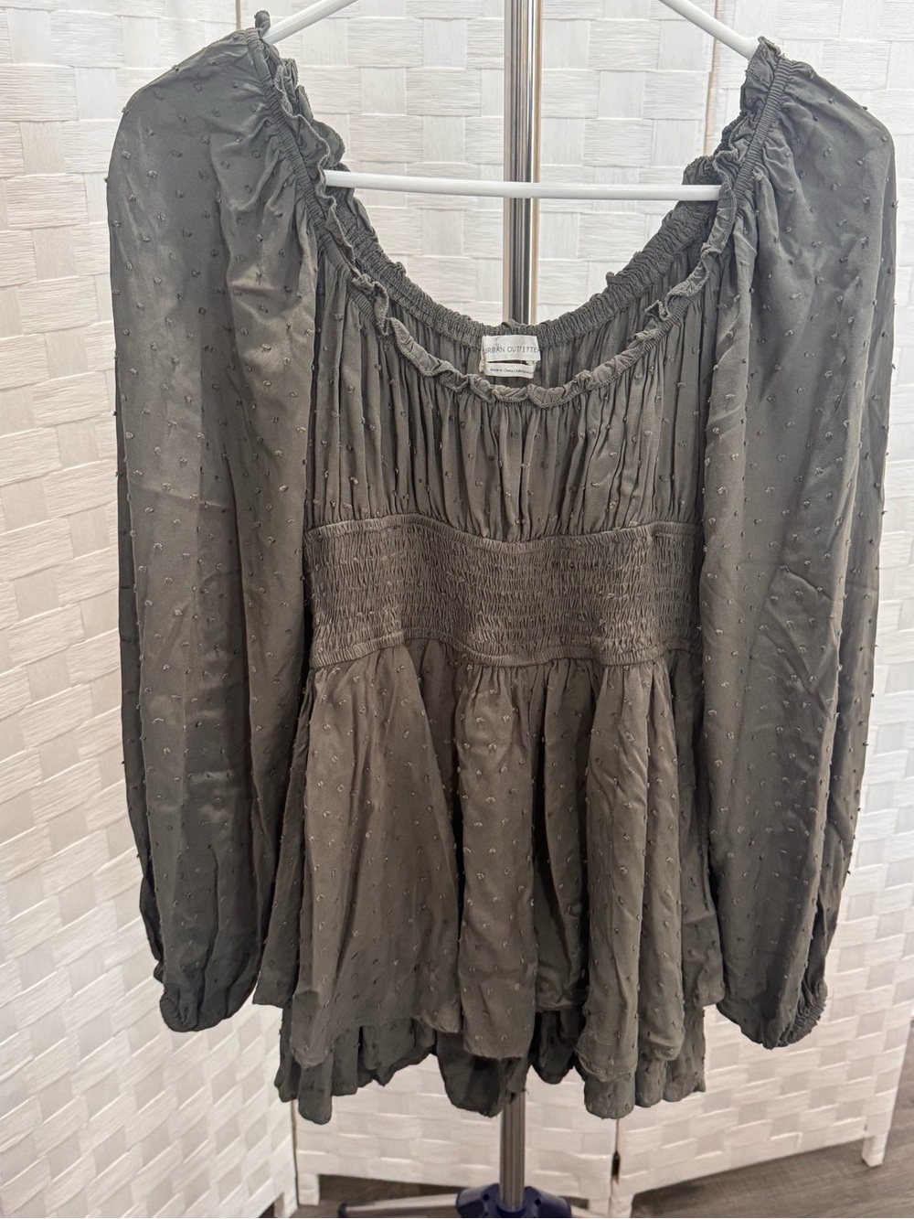 Urban Outfitters Olive Smocked Off-Shoulder Long Sleeve Romper